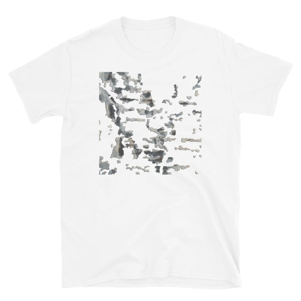 Gritty urban graphic white cotton t-shirt with decayed newspaper effect graphic by BillingtonPix