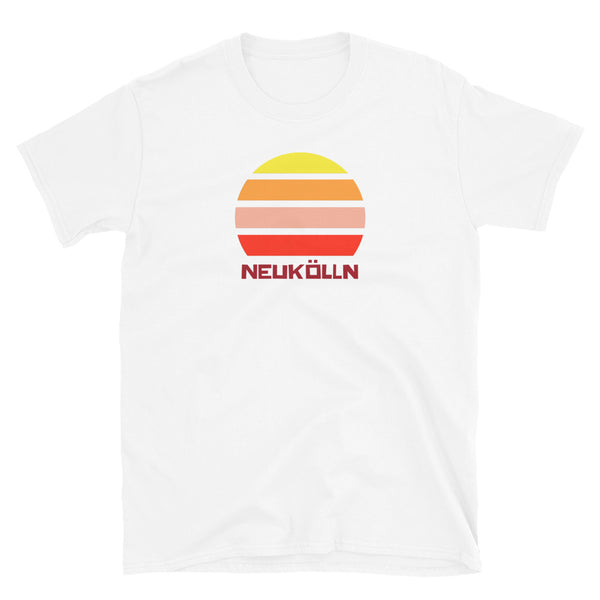 Neukölln Berlin LGBT themed t-shirt with a vintage sunset graphic in yellow, orange, pink and scarlet and the place name Kreuzberg beneath on this white cotton t-shirt by BillingtonPix