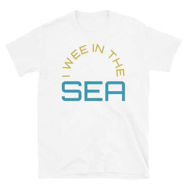 Funny meme slogan t-shirt containing the phrase I Wee in the Sea in yellow and blue font on this white t-shirt by BillingtonPix