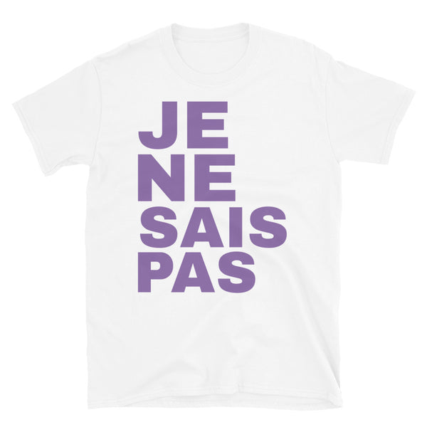 Slogan t-shirt with the phrase Je ne sais pas in mauve left aligned block font  on this white cotton tee by BillingtonPix