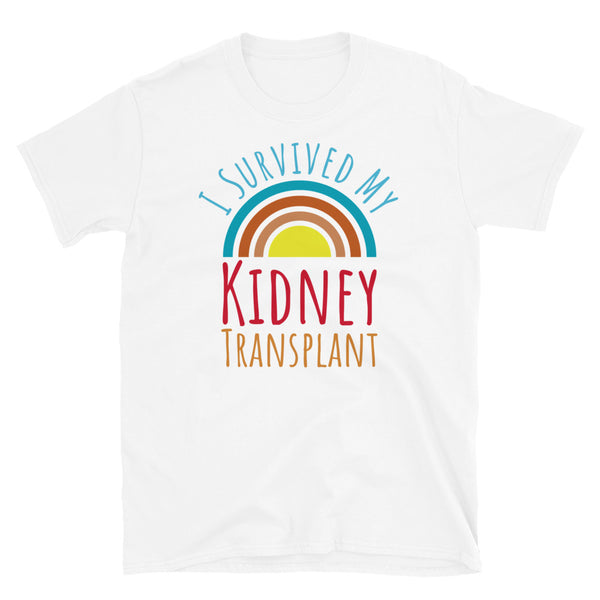 Celebration kidney transplant t shirt with the slogan I Survived My Kidney Transplant surrounding a vintage sunset in concentric  circles on this white cotton t-shirt by BillingtonPix