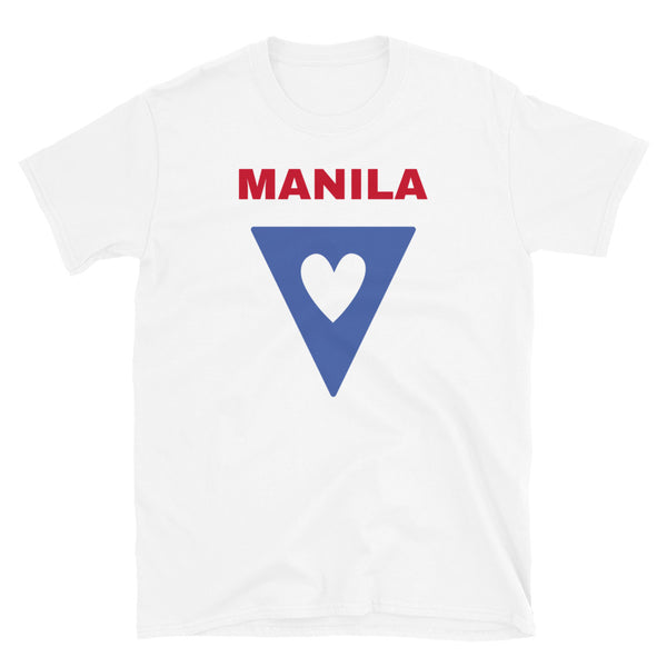 Manila slogan featuring a blue triangular shaped flag containing a cutout heart which on this white cotton t-shirt makes up the main colours of the Philippine flag, by BillingtonPix