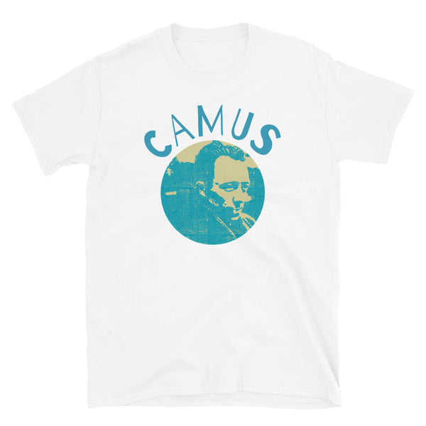 Circular image of Camus in a retro blue faded outline against a cream background with the word Camus wrapped around the top on this white cotton t-shirt by BillingtonPix