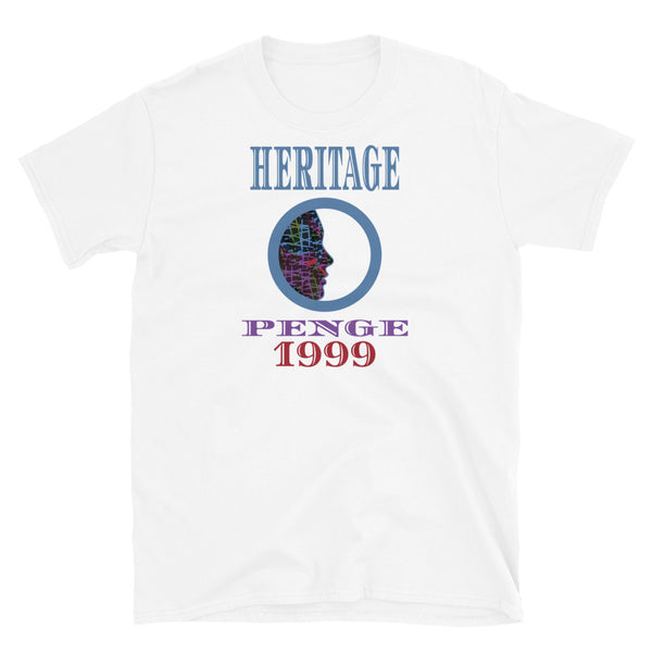 Graphic t-shirt with a patterned profile face in abstract design, tones of blue, green, purple, red, in circular format, with the words Heritage Penge 1999 in blue, purple and red on this white cotton t-shirt by BillingtonPix