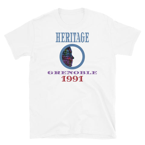 Graphic t-shirt with a patterned profile face in abstract design, tones of blue, green, purple, red, in circular format, with the words Heritage Grenoble 1991 in blue, purple and red on this white cotton t-shirt by BillingtonPix