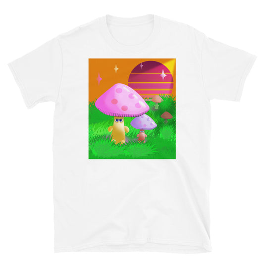 Super cute kawaii mushrooms in a sunset forest, showing a group of adult and child mushrooms with grumpy faces in different pastel tones walking through a grassy glade with a light shining upon them from above and a vintage sunset against the orange sky on this 90s style white cotton t-shirt by BillingtonPix