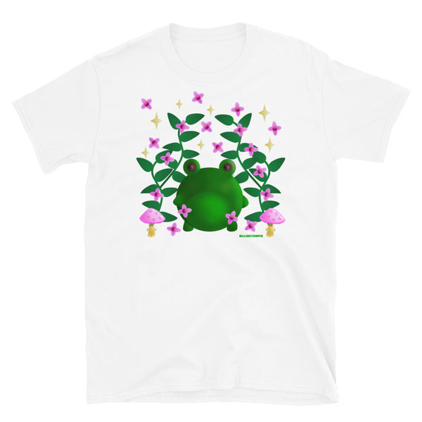Cute kawaii green frog in this Cottagecore asesthetic graphic design. Features green leaves, pink blossom, grumpy mushrooms and stars in the sky on this white cotton t-shirt by BillingtonPix