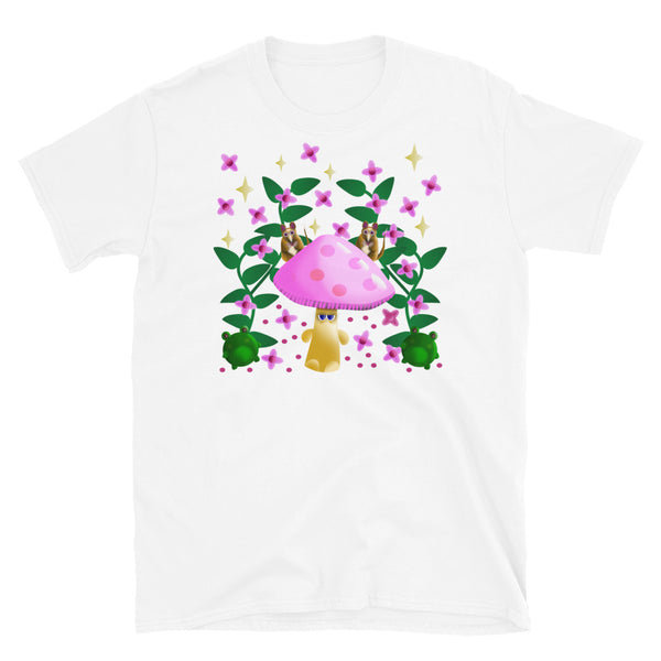 Cottagecore and kawaii style graphic t-shirt design, featuring mushrooms, frogs, field mice, flowers and leaves in a cute design on this white cotton t shirt by BillingtonPix