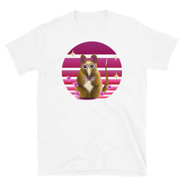 Brown woodland creature like a rat or mouse with large purple eyes stands in front of a pink vintage sunset with flowers and stars on this white cotton t-shirt by BillingtonPix