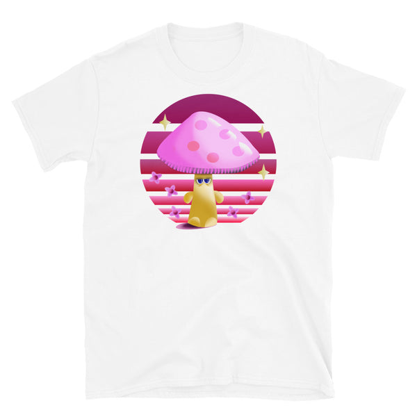 Yellow and pink grumpy mushroom stands in front of a purple vintage sunset with stars and blossom on this white cotton graphic t-shirt by BillingtonPix