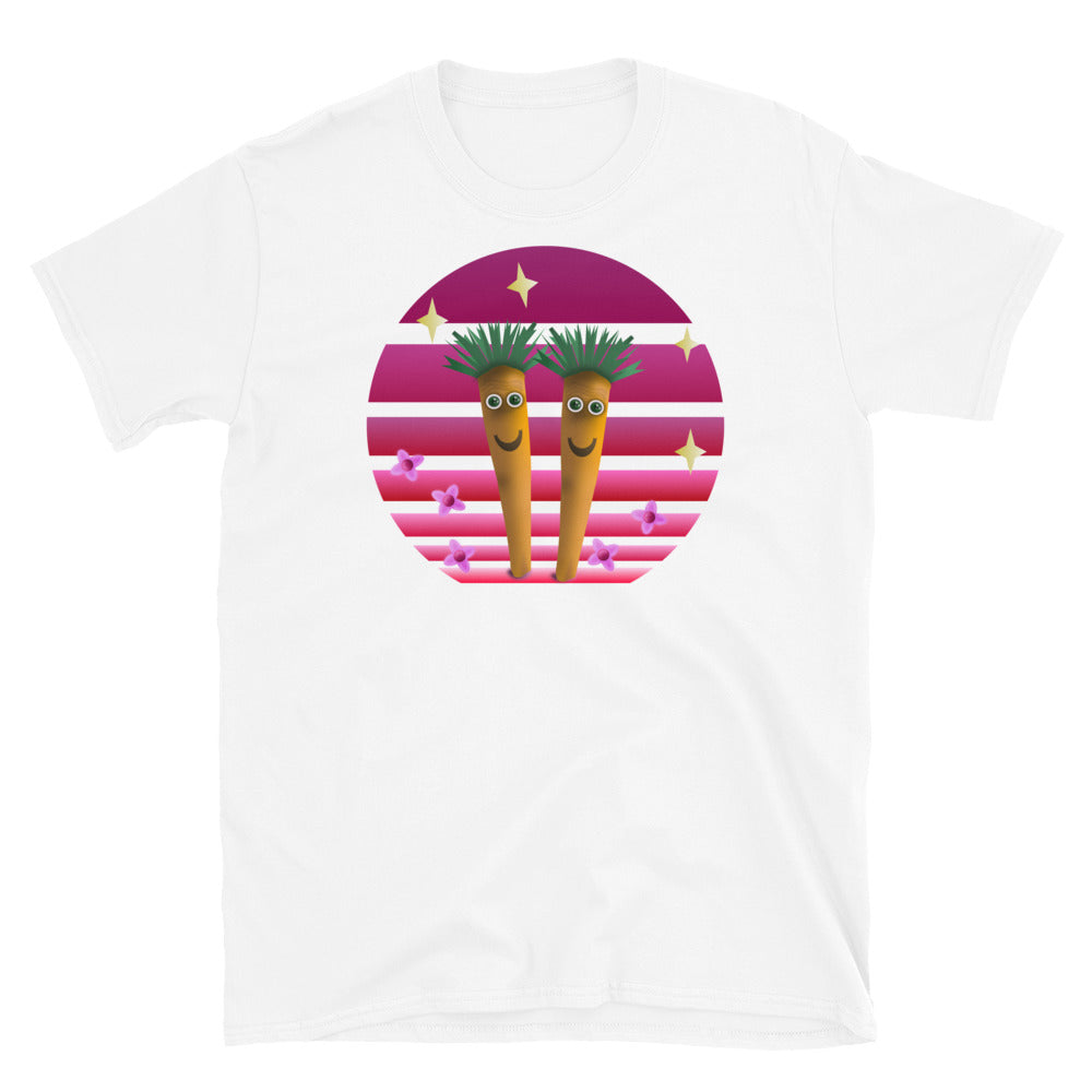 Two grinning orange carrots with tuffs of green hair stand in front of a purple / pink vintage sunset with stars and flowers on this white cotton t-shirt by BillingtonPix