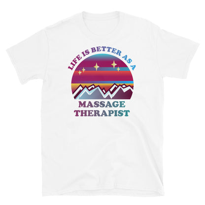 Life is better as a massage therapist vintage style sunset, mountains and stars in a pink and blue 80s retrowave style design on this white cotton t-shirt by BillingtonPix