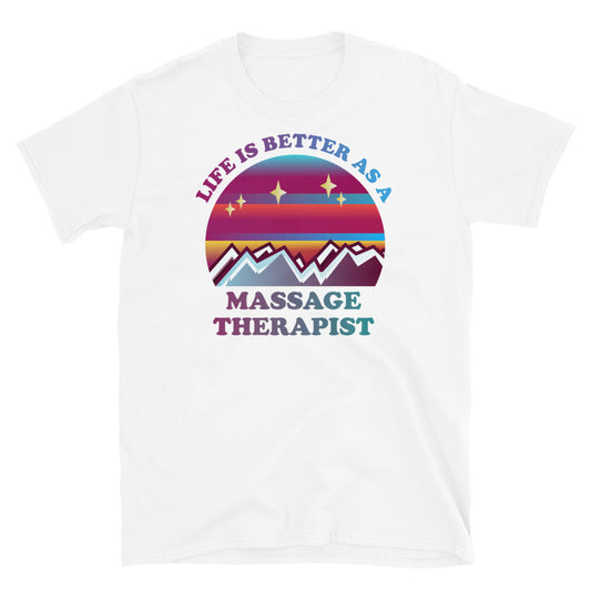 Life is better as a massage therapist vintage style sunset, mountains and stars in a pink and blue 80s retrowave style design on this white cotton t-shirt by BillingtonPix