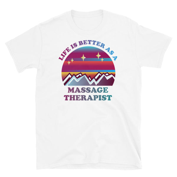 Life is better as a massage therapist vintage style sunset, mountains and stars in a pink and blue 80s retrowave style design on this white cotton t-shirt by BillingtonPix