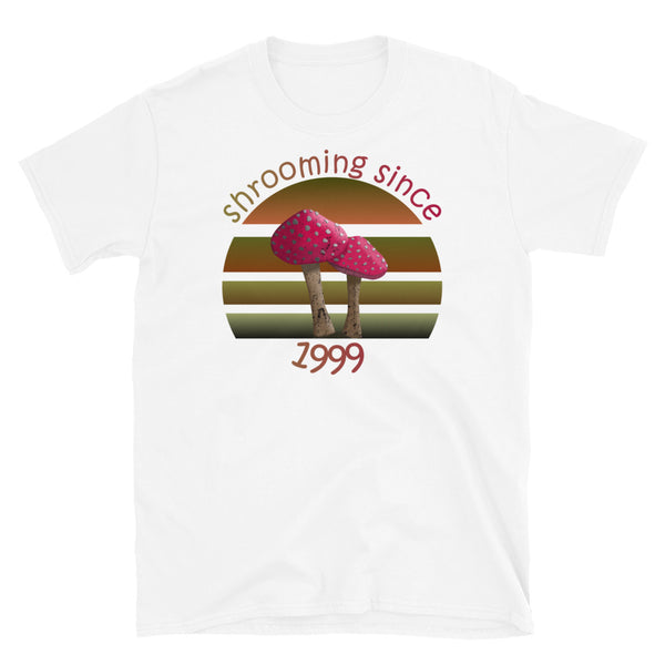Shrooming since 1999 cute Goblincore style design with two red fly agaric mushrooms with distressed look against a multi-toned nature colour palette abstract vintage sunset design on this white cotton t-shirt by BillingtonPix