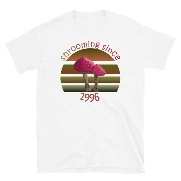 Shrooming since 1996 cute Goblincore style design with two red fly agaric mushrooms with distressed look against a multi-toned nature colour palette abstract vintage sunset design on this white cotton t-shirt by BillingtonPix