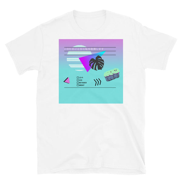 80s / 90s Vaporwave style design in a nod to the old video cassette cases with Japanese script which translates as Get Me Out of This Script. Mildly political message around Brexit and the global pandemic. Abstract vintage sunset and monstera leaf and grumpy cupcakes symbolising the sunlit uplands of Brexit. A tick box list of Lo-Fi, VHS, Betamax or Brexit signals the choices we are left with. Design sits against a gradient of turquoise blue and pink. White t-shirt by BillingtonPix