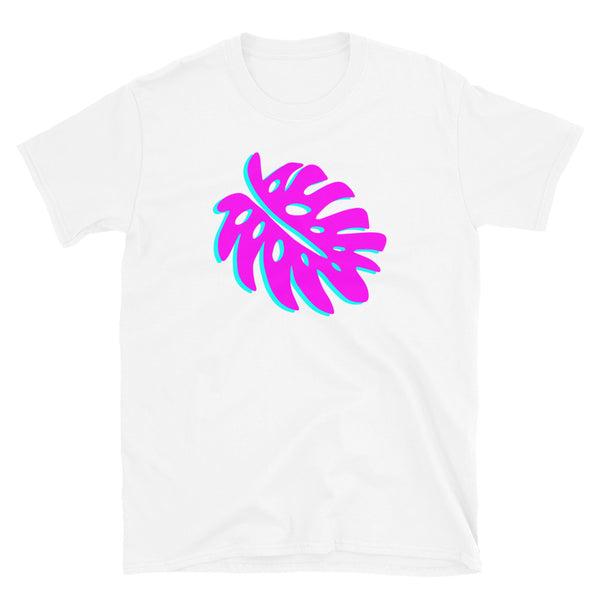 Vaporwave retrowave monstera leaf cheese plant leaf in pink and blue with 90s style glitch on this retro design white t-shirt by BillingtonPix