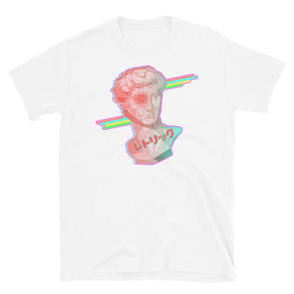 Retrowave design t-shirt in a 90s Dreamwave style featuring Michelangelo's David containing a grid format overlay and a gradient pastel tone from pink to blue. In the background, behind the statue bust, are some 90s disco stripes and at the base is the Japanese word レトリック or Rhetoric. The bust contains a turquoise blue glitch which protrudes from the left hand side. Surrounding the entire composition is a pastel pink outline on this white cotton t-shirt by BillingtonPix