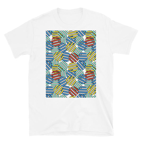 Colourful 80s Memphis design graphic t-shirt consisting of circular pattern overlays in red, yellow, orange and blue on this white tee by BillingtonPix
