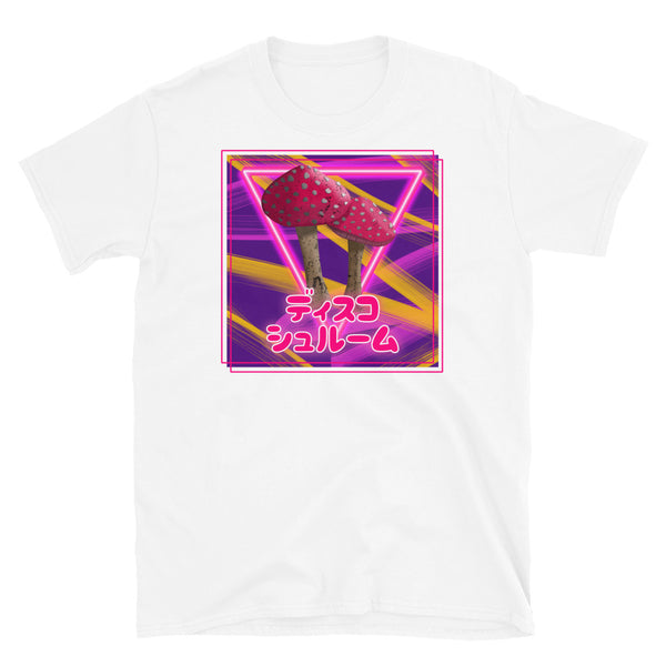Retro style Disco Shroom t-shirt with a neonwave style design, neon lighting, stripes and vibe in tones of pink, red and yellow. Shows two mushrooms in the centre in front of a neon triangle and the Japanese words ディスコ シュルーム meaning Disco Shroom on this white cotton t-shirt by BillingtonPix