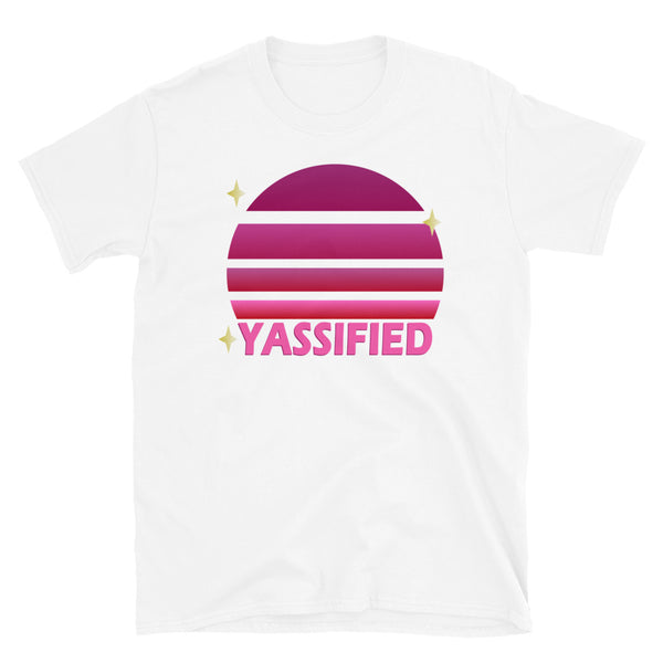 Pink vintage sunset with stars and the word Yassified on this white cotton t-shirt by BillingtonPix
