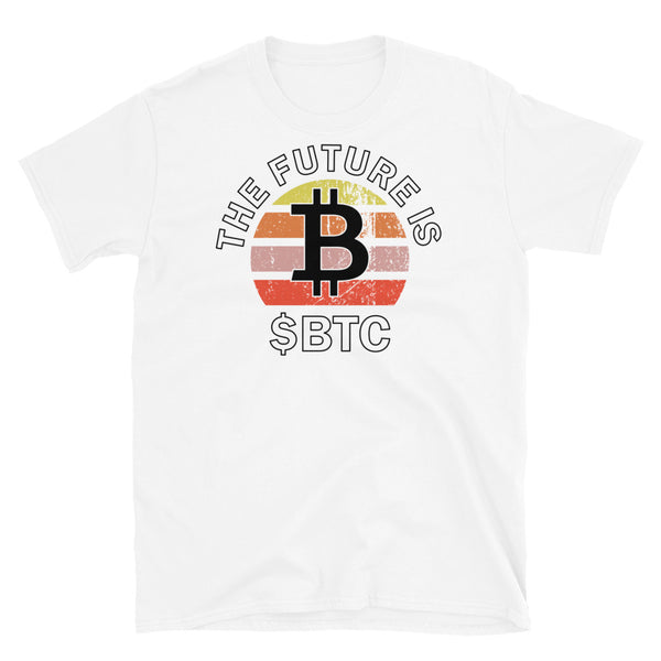 Crypto coin currency t-shirt with $BTC Bitcoin ticker symbol on this white cotton shirt by BillingtonPix