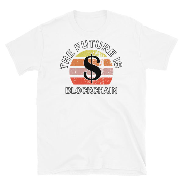 Cryptocurrency theme t-shirt with Blockchain and the USD ticker symbol on this white cotton shirt by BillingtonPix