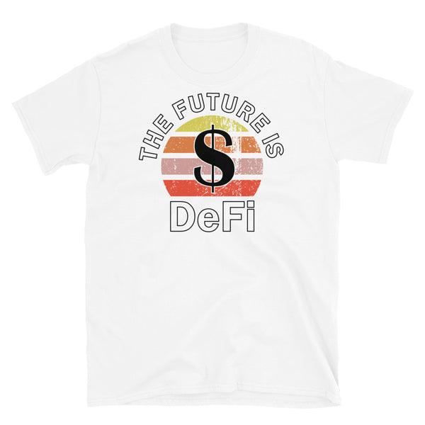 Cryptocurrency theme t-shirt with DeFi (Decentralised Finance) and the USD ticker symbol on this white cotton shirt by BillingtonPix