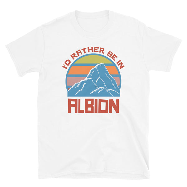 Albion Idaho vintage sunset mountain ski themed retro design t-shirt in orange, blue, yellow and pink on this white tee by BillingtonPix