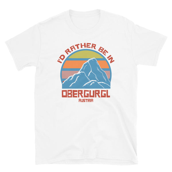 Obergurgl Austria vintage sunset mountain ski and snowboarding themed retro design t-shirt in orange, blue, yellow and pink on this white tee by BillingtonPix