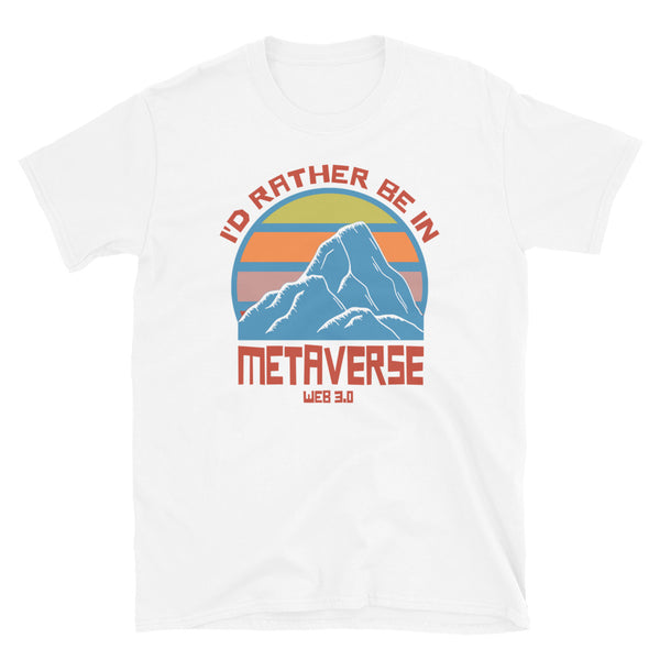 Vintage sunset mountain orange and blue design t-shirt with slogan Id rather be in Metaverse Web 3.0 on this white cotton t-shirt by BillingtonPix