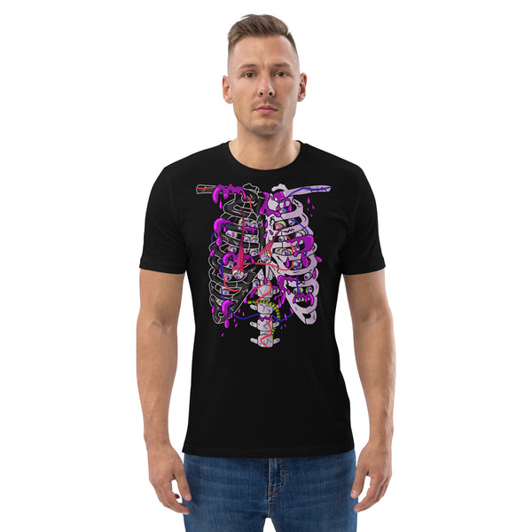 Creepy cute skeleton rib cage shirt in organic cotton. PETA approved fun yami kawaii harajuku style anime art graphic tee with dripping gore and filled with scary eyeballs. Decay and spooky halloween y2k grunge costume for party and streetwear.