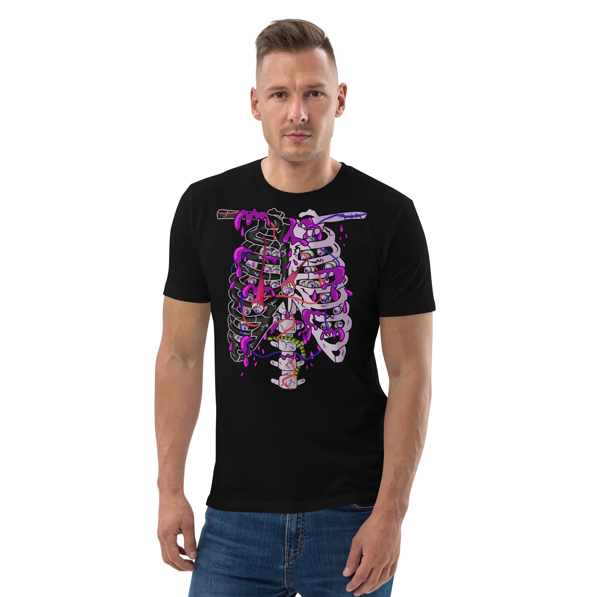 Creepy cute skeleton rib cage shirt in organic cotton. PETA approved fun yami kawaii harajuku style anime art graphic tee with dripping gore and filled with scary eyeballs. Decay and spooky halloween y2k grunge costume for party and streetwear.