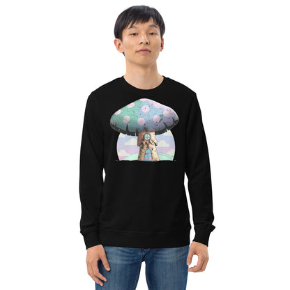 Cute mushroomcore themed organic sweatshirt with an anime mushroom house against an abstract pink cloudy sky. Mushroom house has a door and window in old wood style and the large cap of the mushroom is rainbow colored with pink spots. Very cute indeed. Graphic organic sweatshirt by BillingtonPix