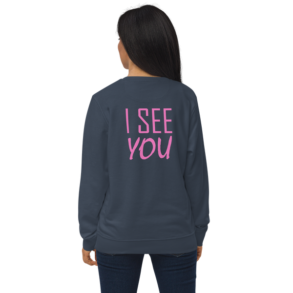 Cute back-printed slogan with the phrase I SEE YOU printed in pink on the back of this navy eco-friendly sweatshirt by BillingtonPix