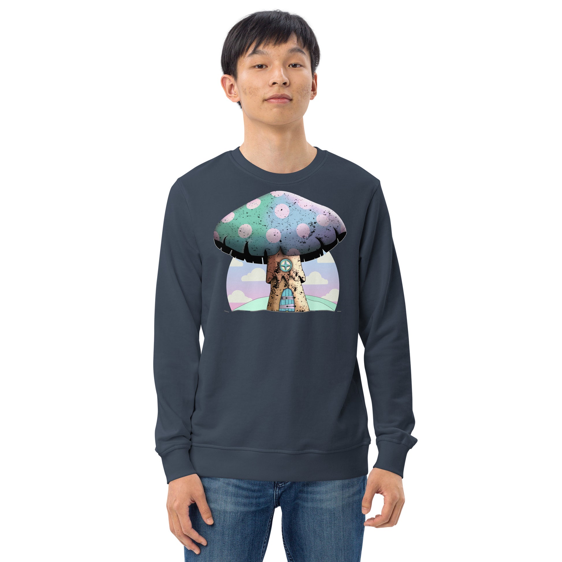 Cute mushroomcore themed organic sweatshirt with an anime mushroom house against an abstract pink cloudy sky. Mushroom house has a door and window in old wood style and the large cap of the mushroom is rainbow colored with pink spots. Very cute indeed. Graphic organic sweatshirt by BillingtonPix