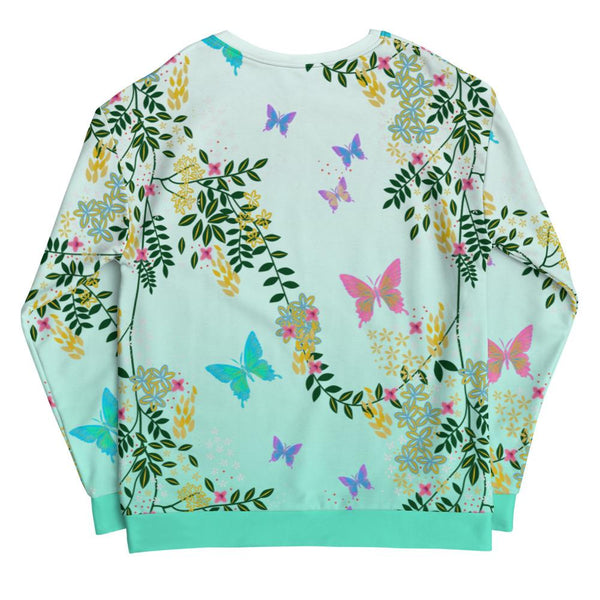 Beautiful green colourful kawaii floral and butterfly pattern sweatshirt in a retro 90s Vaporwave Cottagecore design by BillingtonPix