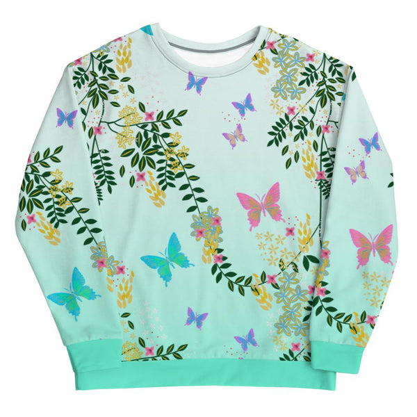 Beautiful green colourful sublimated kawaii floral and butterfly pattern sweatshirt in a retro 90s Vaporwave Cottagecore design by BillingtonPix