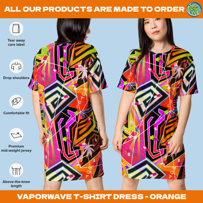 Vaporwave Harajuku t-shirt dress in orange with references to a Las Vegas Christmas. Geometric and diagonal lines and shapes with neoncore signage, palm tress and stars. Menhera kei pills cascading on this unique shirtdress by BillingtonPix