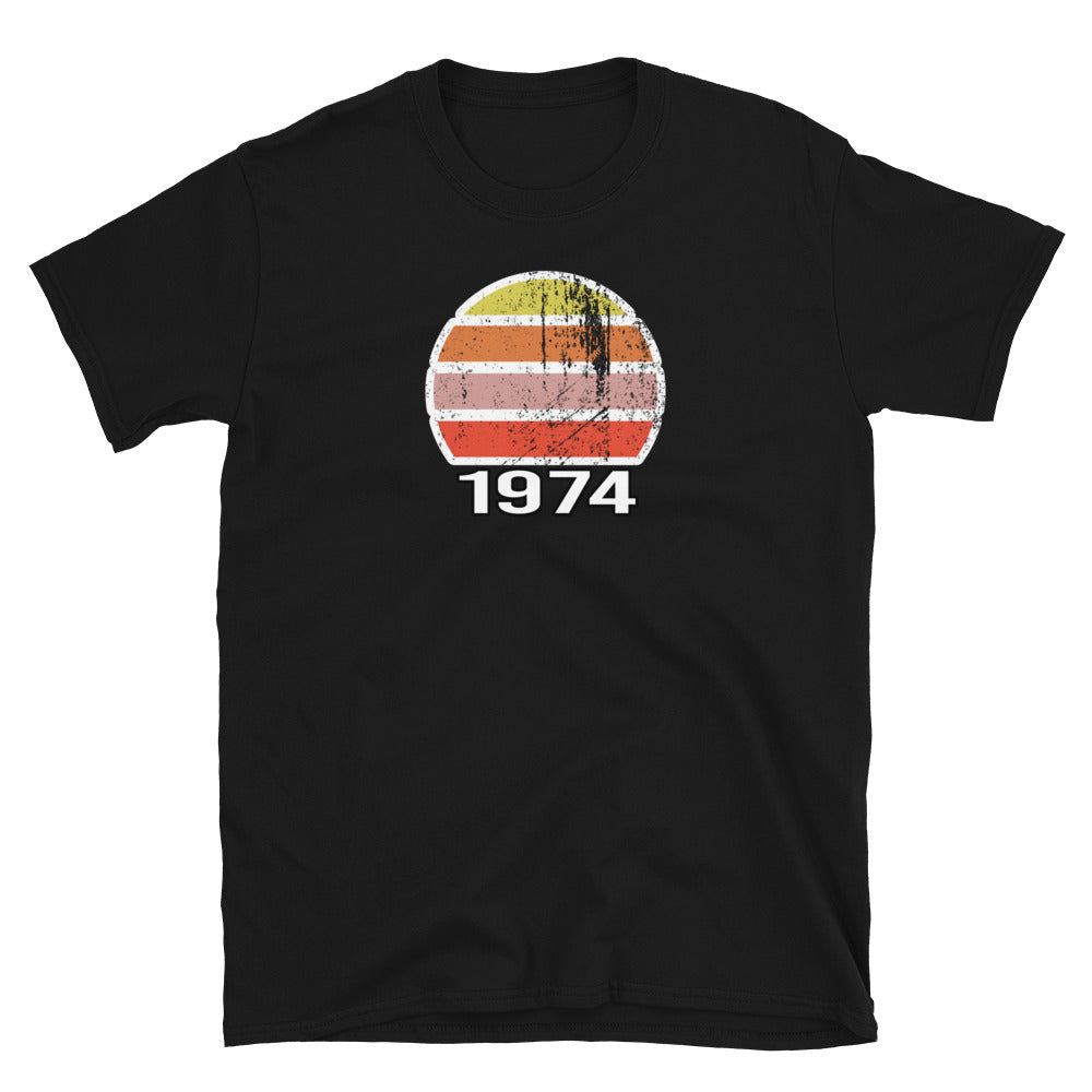 unisex vintage sunset t-shirt with 1974 distressed vintage sunset graphic, with short sleeves and crew neck in black cotton.