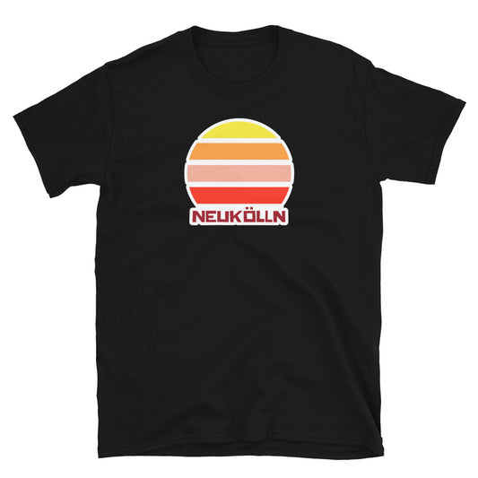 vintage sunset unisex t-shirt Neukölln in cotton. Berlin LGBT themed t-shirt with a vintage sunset graphic in yellow, orange, pink and scarlet and the place name Kreuzberg beneath on this black cotton t-shirt by BillingtonPix